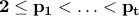 bf 2 leq p_1 < ldots < p_t