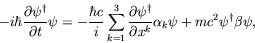 \begin{displaymath}
-i\hbar \frac{\partial\psi^\dagger}{\partial t} \psi = -\fra...
...er}{\partial x^k} \alpha_k\psi +
mc^2\psi^\dagger\beta\psi ,
\end{displaymath}