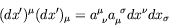 \begin{displaymath}
(dx^\prime)^\mu(dx^\prime)_\mu = a^\mu_{\ \nu} a_\mu^{\ \sigma} dx^\nu
dx_\sigma
\end{displaymath}