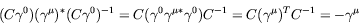 \begin{displaymath}
(C\gamma^0)(\gamma^\mu)^*(C\gamma^0)^{-1} =
C(\gamma^0{\gamma^\mu}^*\gamma^0)C^{-1} = C(\gamma^\mu)^T C^{-1} =
-\gamma^\mu
\end{displaymath}