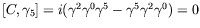 $[C,\gamma_5]=i(\gamma^2\gamma^0\gamma^5 -
\gamma^5\gamma^2\gamma^0)=0$