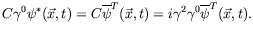 $\displaystyle C\gamma^0\psi^*(\vec{x},t) =
C\overline{\psi}^T(\vec{x},t) =
i\gamma^2\gamma^0\overline{\psi}^T(\vec{x},t) .$