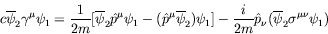 \begin{displaymath}
c\overline{\psi}_2\gamma^\mu\psi_1 = \frac{1}{2m} [\overline...
...c{i}{2m} \hat{p}_\nu (\overline{\psi}_2\sigma^{\mu\nu}\psi_1)
\end{displaymath}