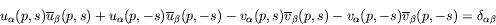 \begin{displaymath}
u_\alpha(p,s)\overline{u}_\beta(p,s) +
u_\alpha(p,-s)\overli...
...
v_\alpha(p,-s)\overline{v}_\beta(p,-s) = \delta_{\alpha\beta}
\end{displaymath}