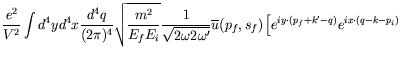 $\displaystyle \frac{e^2}{V^2} \int d^4y d^4x \frac{d^4q}{(2\pi)^4}
\sqrt{\frac{...
...ine{u}(p_f,s_f) \left[ e^{iy\cdot(p_f+k^\prime-q)}
e^{ix\cdot(q-k-p_i)} \right.$