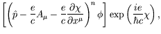 $\displaystyle \left[\left(\hat{p} -\frac{e}{c}A_\mu
-\frac{e}{c}\frac{\partial\...
...{\partial x^\mu} \right)^n\phi\right]
\exp\left(\frac{ie}{\hbar c}\chi\right) ,$