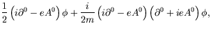 $\displaystyle \frac{1}{2} \left(i\partial^0 -
eA^0\right)\phi + \frac{i}{2m} \left(i\partial^0 -
eA^0\right)\left(\partial^0 + ieA^0\right)\phi ,$