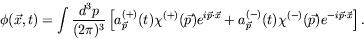 \begin{displaymath}
\phi(\vec{x},t) = \int\frac{d^3p}{(2\pi)^3} \left[
a_{\vec{...
...-)}(t) \chi^{(-)}(\vec{p}) e^{-i\vec{p}\cdot\vec{x}}
\right] .
\end{displaymath}