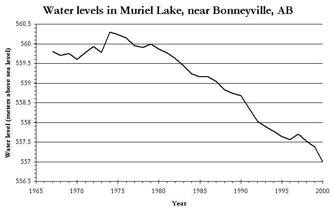 Muriel Lake water levels, 1965-2000