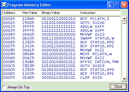 PIC Simulator program memory editor