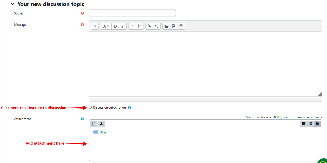 The checkbox for showing the discussion subscription checkbox and the attachments dropbox.