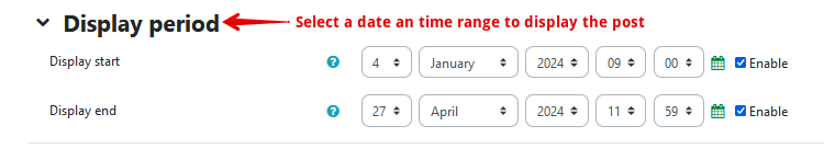 The display period options for instructors, with Display start and Display end options