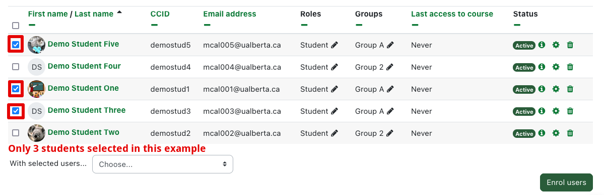 Showing only three students selected.