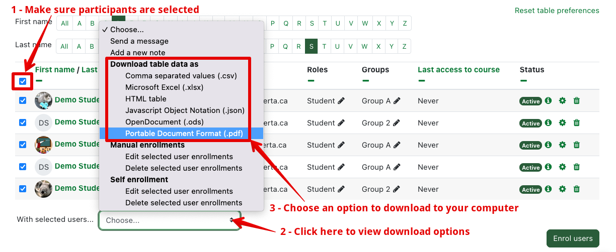 Options for downloading the table data of participants in a course.