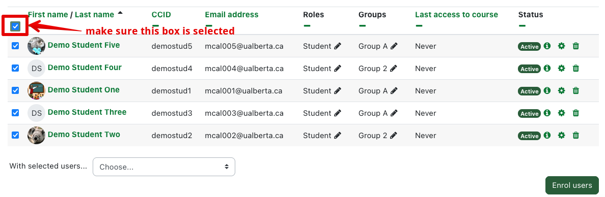 Selecting all participants if all participants are on one page by checking the top-left checkbox.