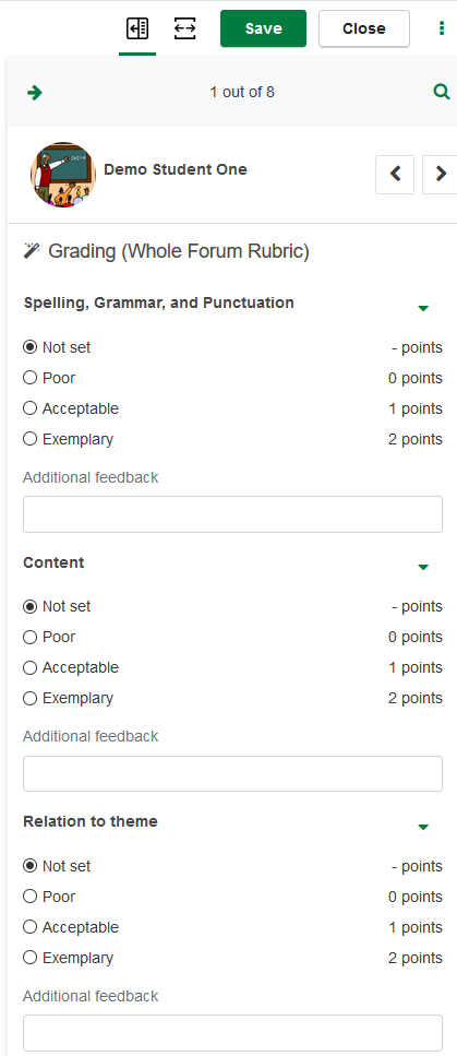 A rubric displayed on a student panel of a whole forum grading page.