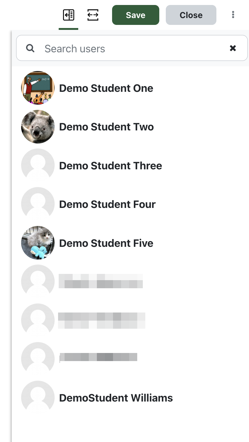The search function of the student panel, that shows where you can search by student by name, as well as a list of all of the students in a class. 