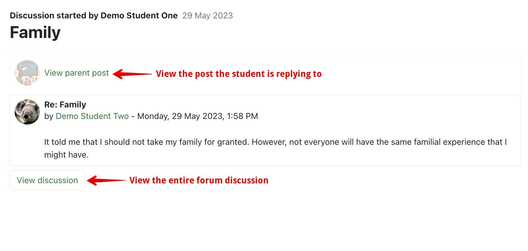 The forum post reader of the "Grade users" section of a forum, with arrows pointing to View parent post and View discussion.