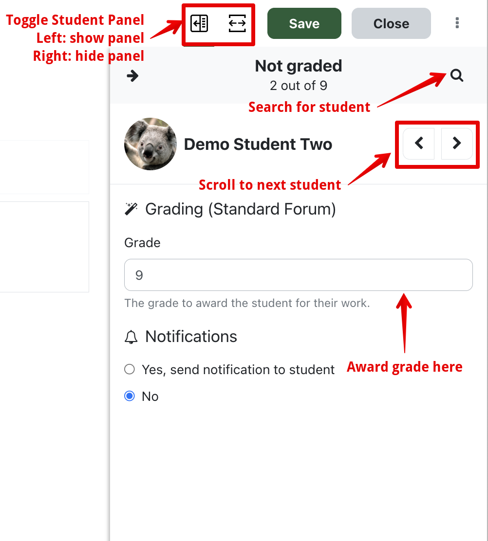 An overview of the student panel, with arrows pointing to where you toggle the panel on and off, where you add the grade, where you scroll to the next student, and where you search for the next student.