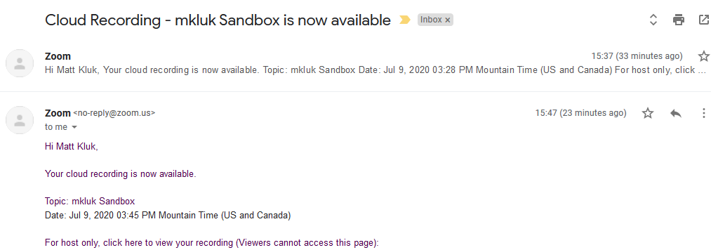 An email showing that the recording is ready.