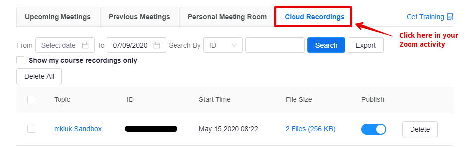 The list of Cloud recordings in a course