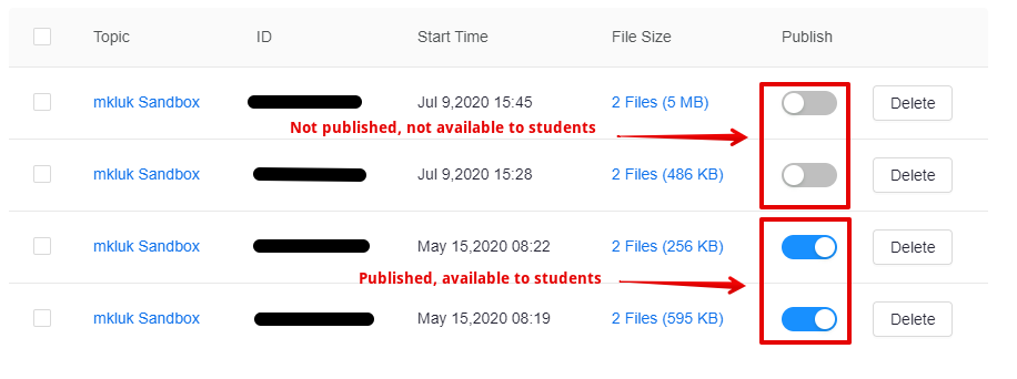 Showing published and unpublished cloud recordings