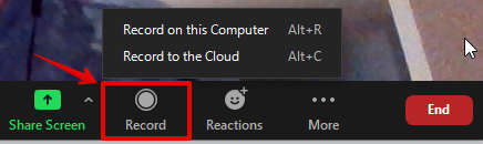 Showing where to click Record, and then Record to this computer or Record to the cloud