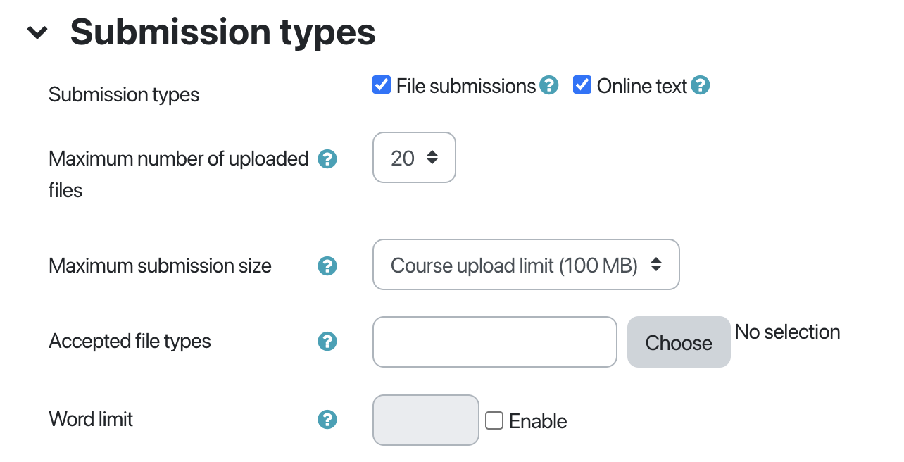 Submission types settings for an assignment