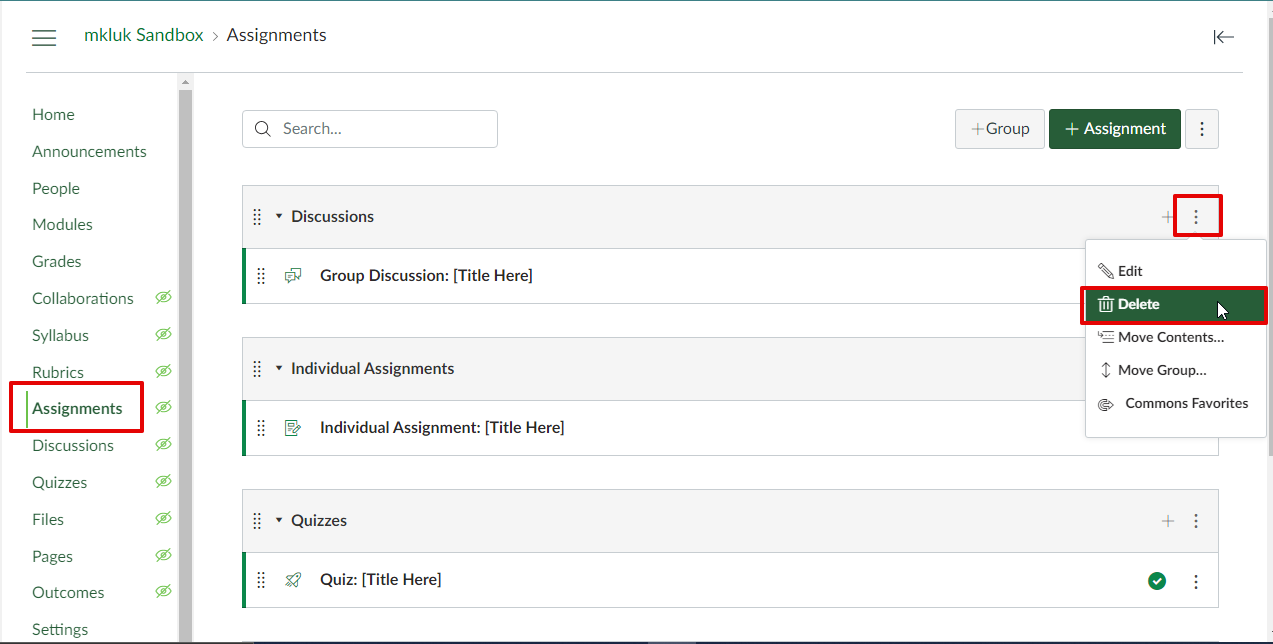 The Canvas Assignments page, which points to Assignments on the left-hand navigation menu. The menu icon is selected next to an assignment group, and the Delete button is highlighted.