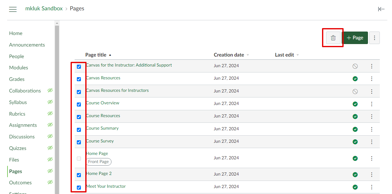 The list of all Pages. To the left of the pages, each page has a checkbox checked on, showing that it is selected. On the top-right of the page, a trash icon is highlighted. This is the Delete button.