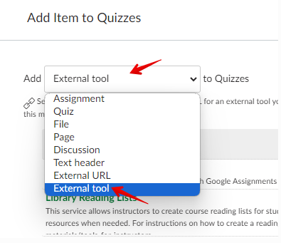 Select external tool from dropdown