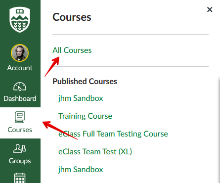 Select all courses from courses menu