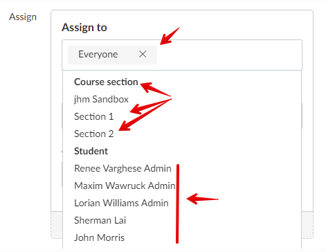 dropdown for assigning sections or individuals