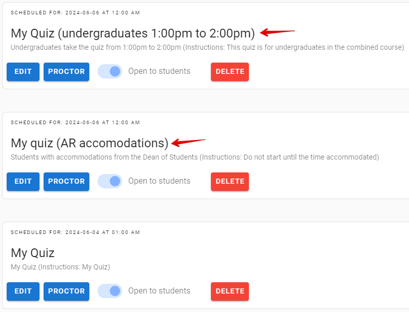 Different names for different sections