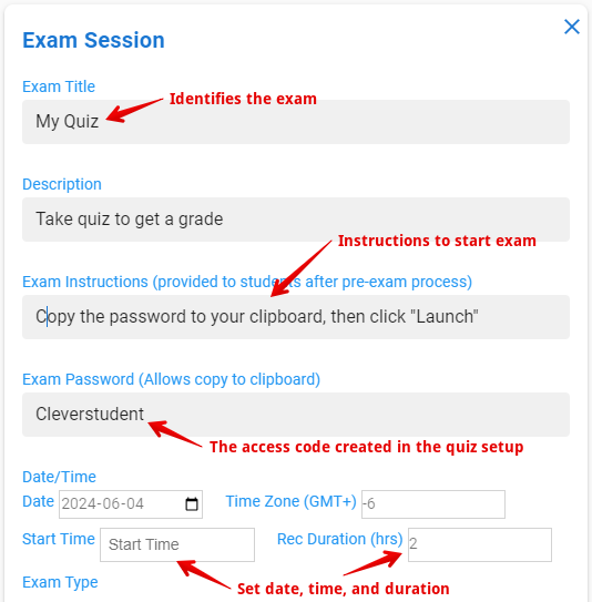 Complete the setup fields for name description and and password