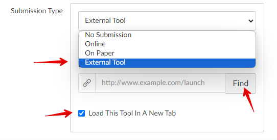 Submission type dropdown: external tool