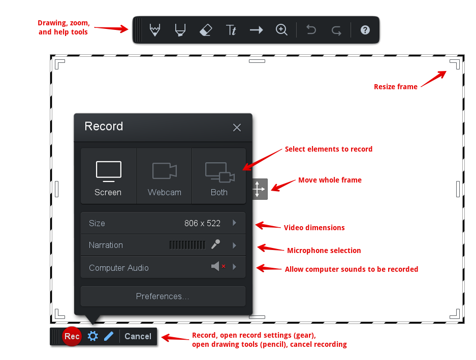 Screencast-o-matic menu