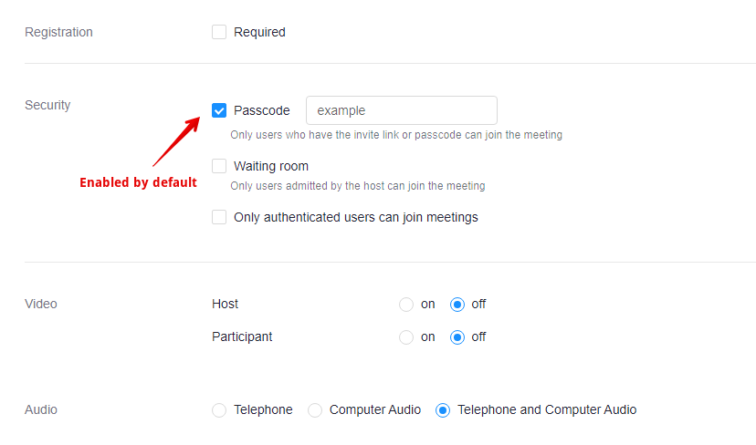 Zoom meeting settings for registration, security, video, and audio