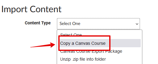 Copy a canvas course option in dropdown menu