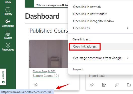 Copy the canvas course link to the clipboard