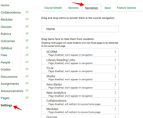 hiding items from student's side navigation menu