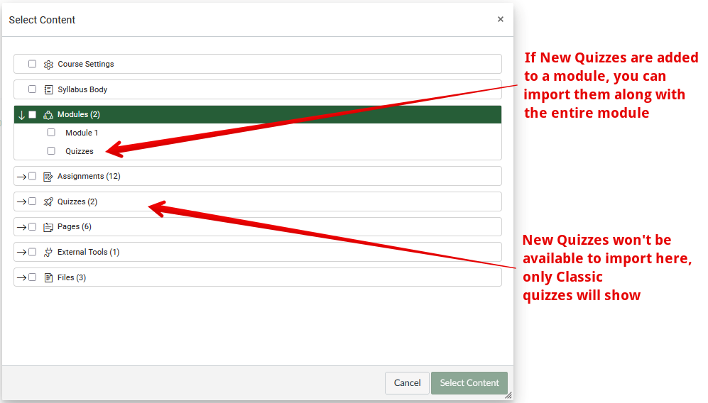 Content select window when importing quizzes