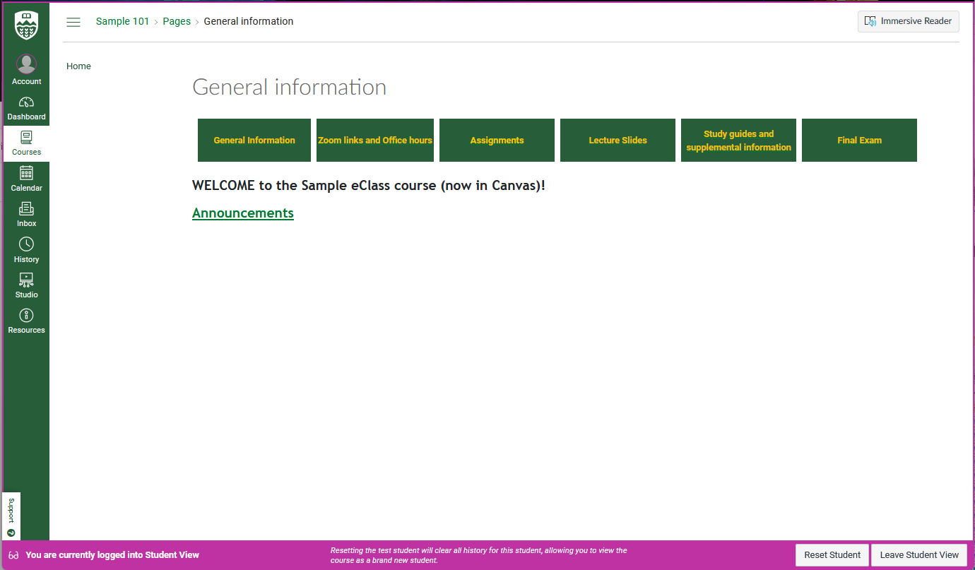 new student view of the course page