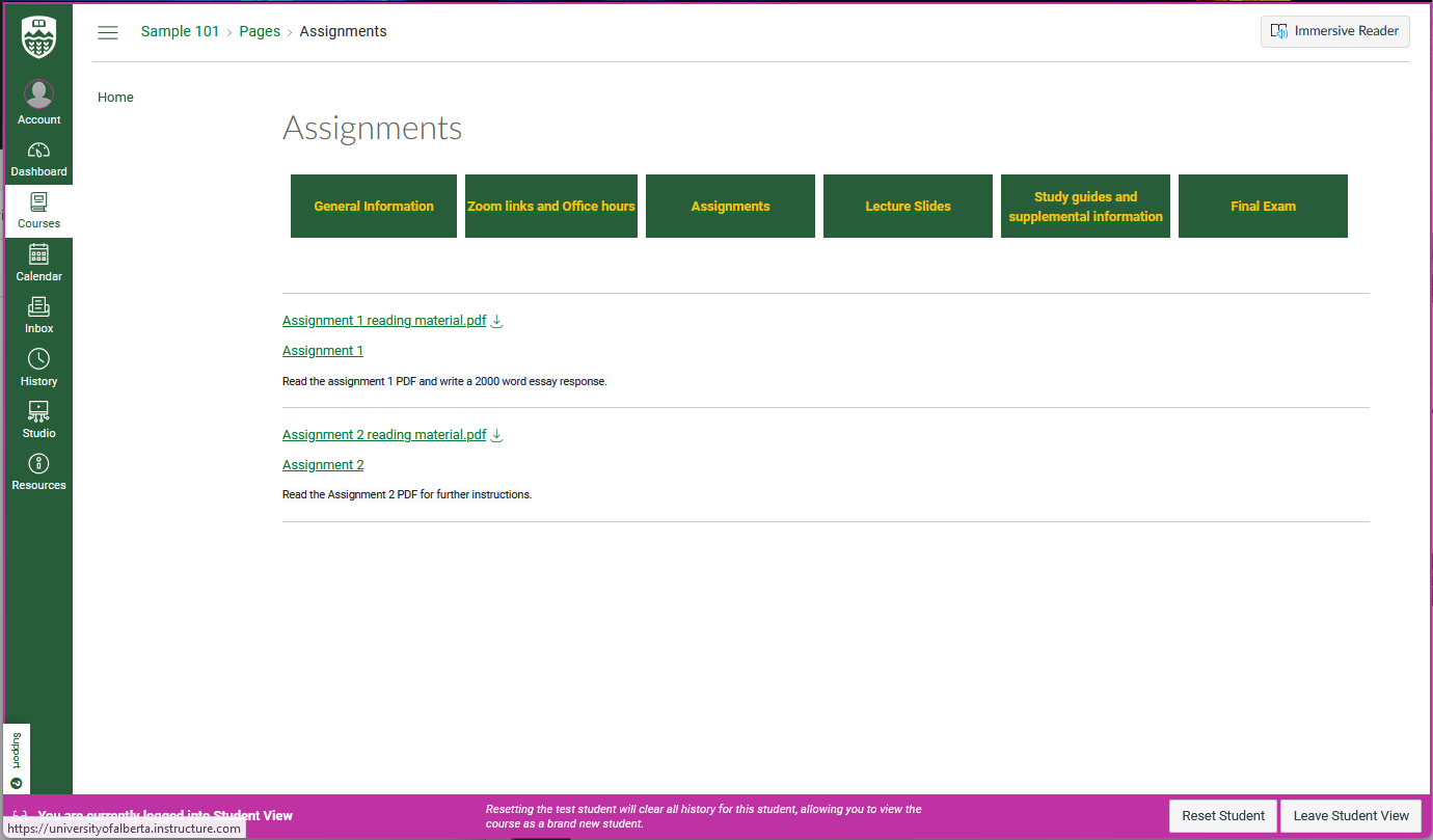 New student view of assignments page