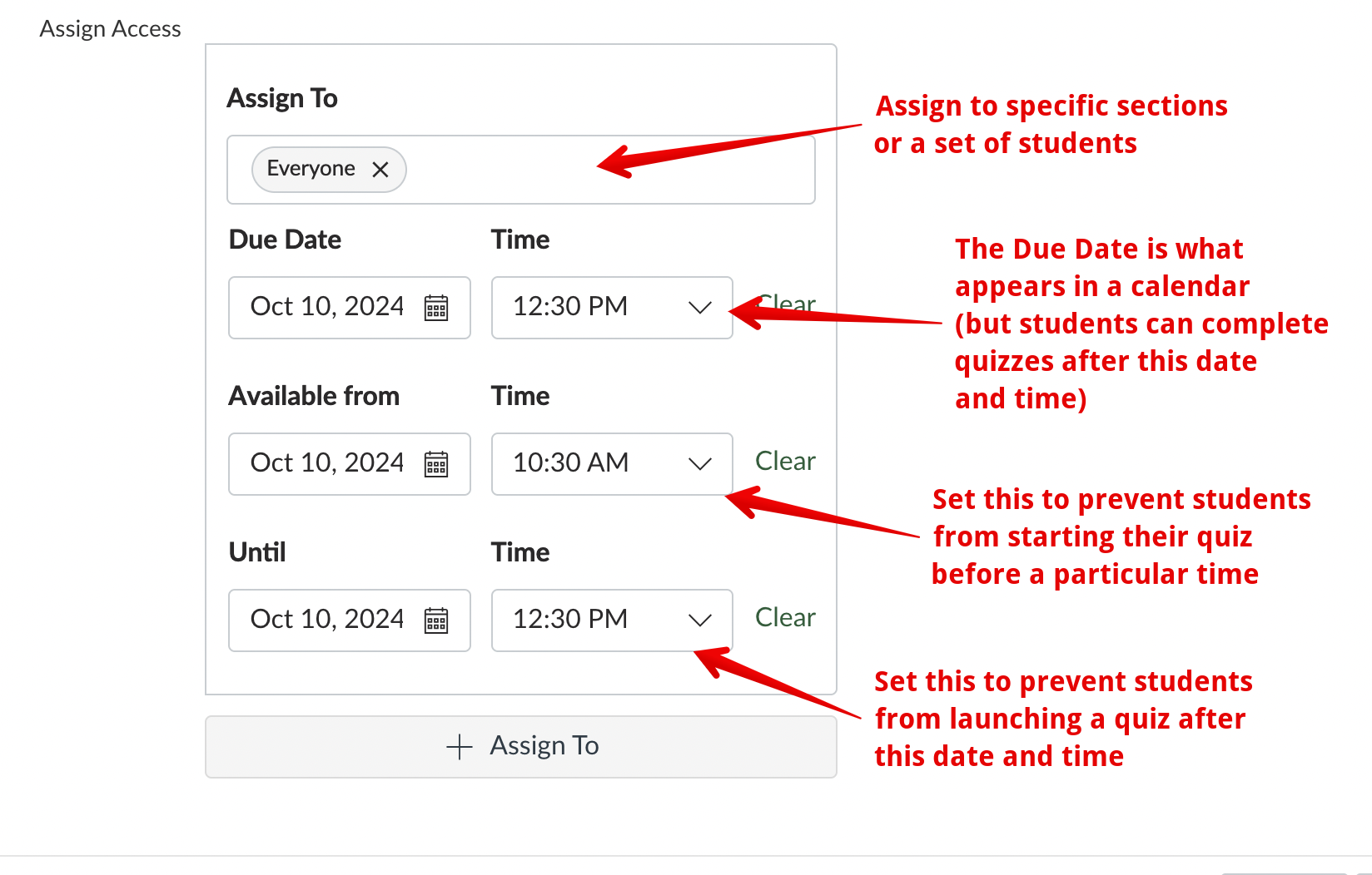 Assign to section in quiz settings