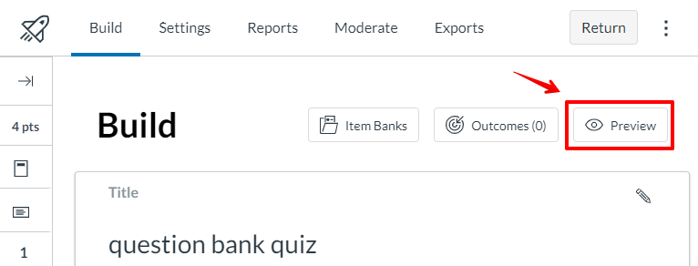 Screenshot showing location of preview button on quiz build page