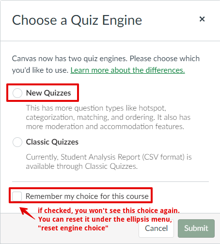 Dialog menu with your choice of quiz engine