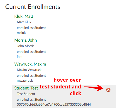 Remove test student enrolment in section settings