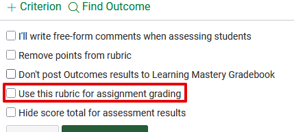 option that reads "use this rubric for assignment grading"