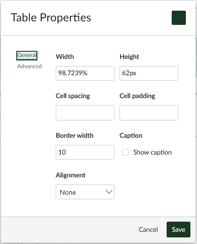 table properties